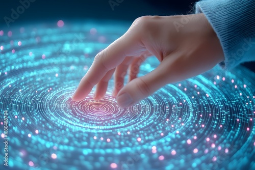 A hand touching the center of an abstract circular pattern made up of glowing data points and digital connections, symbolizing AI technology in business