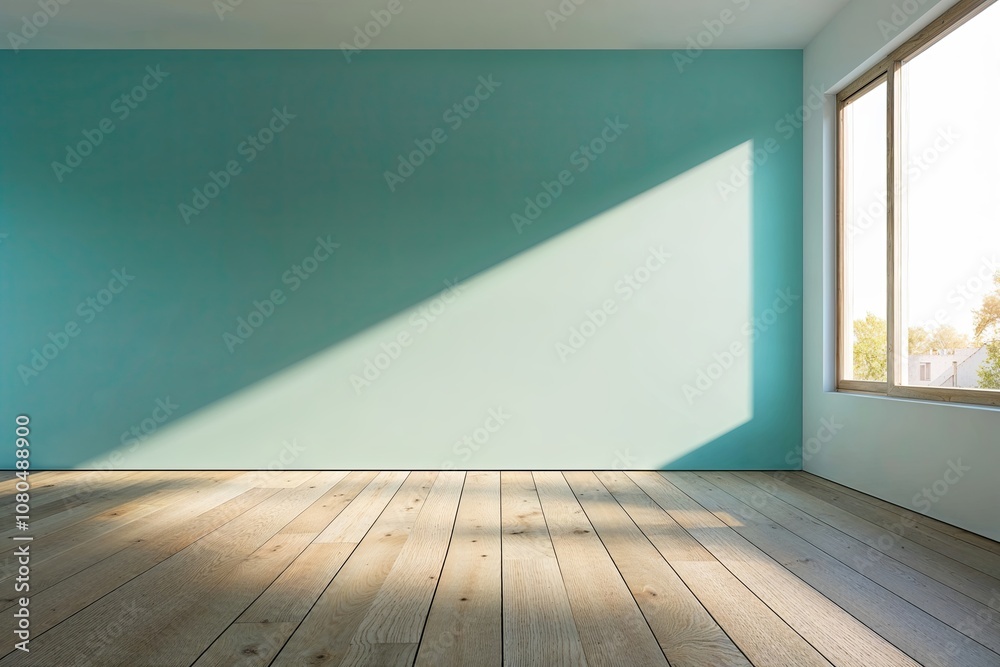 Bright Minimalist Interior with Light Cyan Walls and Sleek Ash Flooring in Warm Sunlight Bright Minimalist Interior with Light Cyan Walls and Sleek Ash Flooring in Warm Sunlight