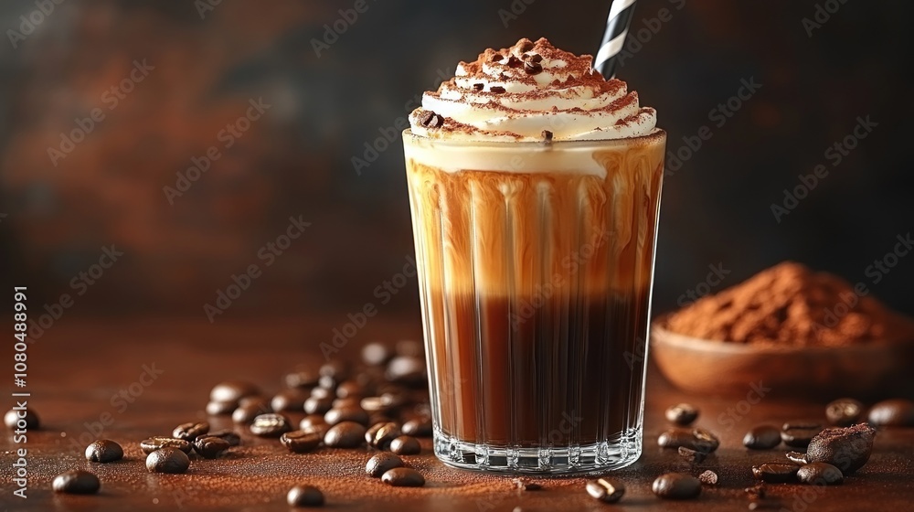 A delicious coffee drink topped with whipped cream and chocolate. A delicious coffee drink topped with whipped cream and chocolate.