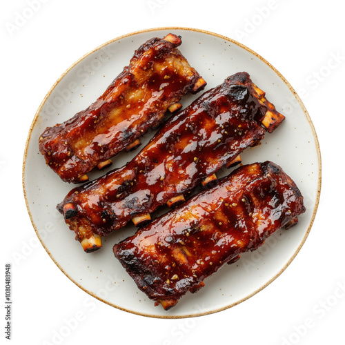 Glazed BBQ Pork Ribs with Sweet Sauce, Grilled and Tender on Plate PNG Icon on transparent background