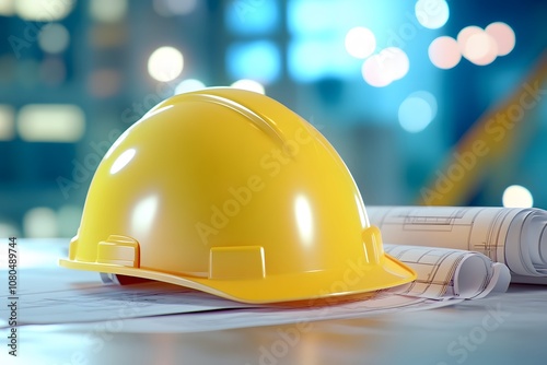 A yellow construction helmet and blueprints on a blur background photo