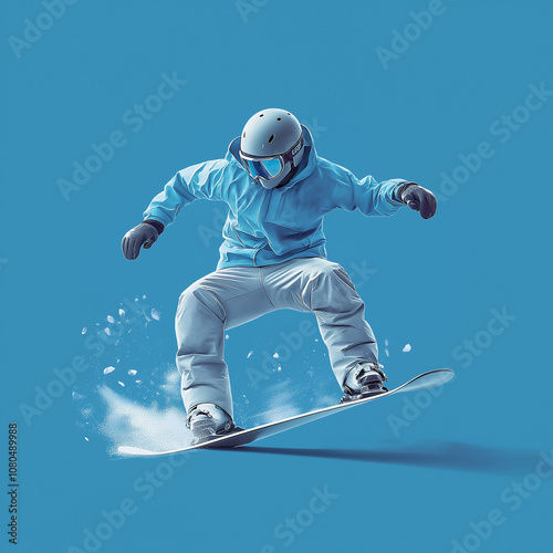 Illustration of a winter sports poster featuring a snowboarder character on a solid ice blue background photo