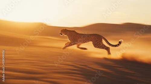 An empty scene featuring blank mockup template filled with a graphic design of a cheetah running in motion lines across a sandy landscape, honoring its speed on International Cheetah Day,  photo