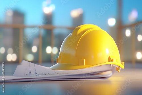 A yellow construction helmet and blueprints on a blur background photo