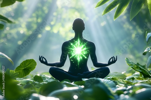 An ethereal and mystical digital art piece featuring the silhouette of a person in a lotus pose, with their body illuminated by a green light that seems to emanate from within photo