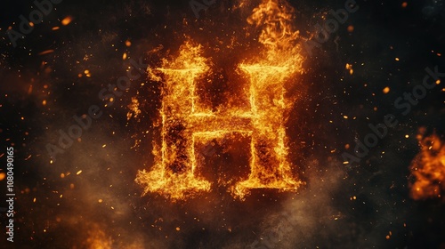 Fiery Letter H Created from Blazing Flames Against a Dark Background, Ideal for Dynamic Designs and Powerful Branding Concepts photo