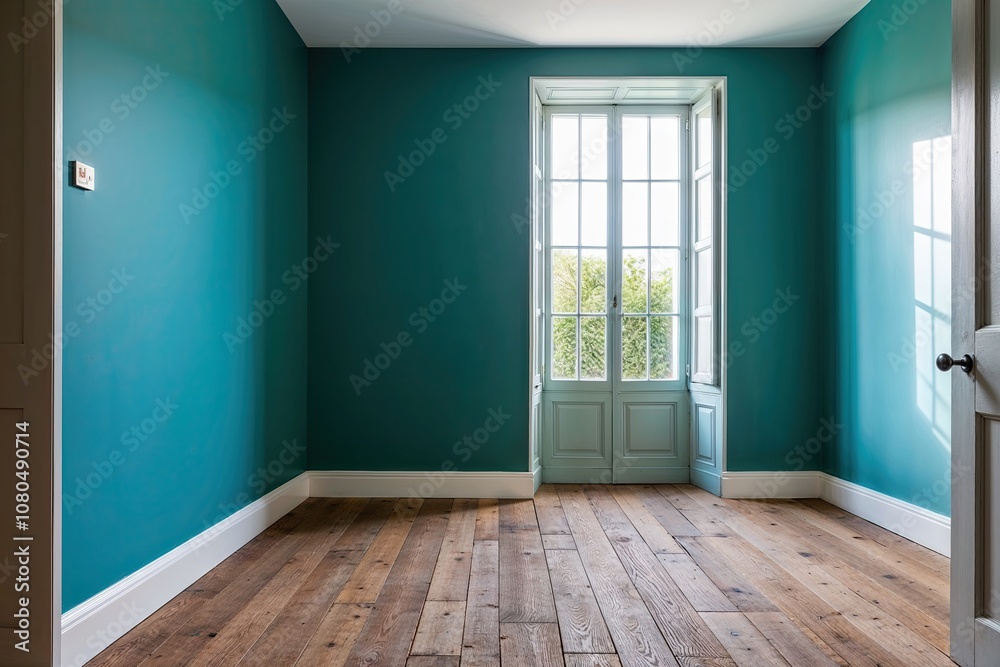 Bright Aquamarine Walls and Rustic Oak Flooring with Natural Light Streaming Through Windows Bright Aquamarine Walls and Rustic Oak Flooring with Natural Light Streaming Through Windows
