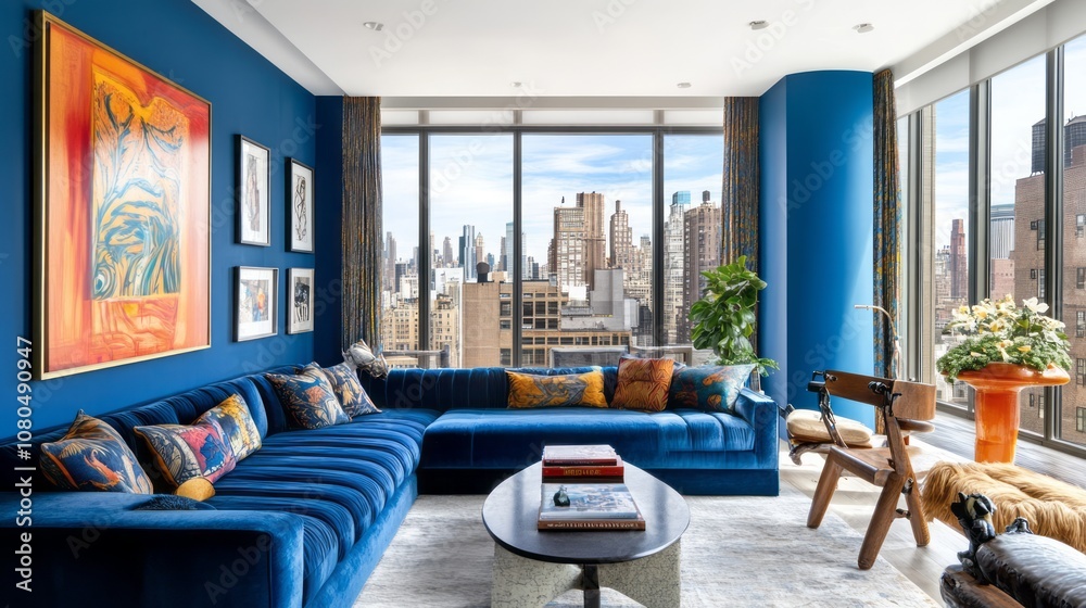 Modern Living Room with City View and Blue Sofa Modern Living Room with City View and Blue Sofa