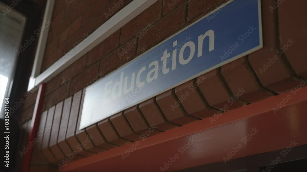 A blue sign with the word education written on it. The sign is on a brick wall A blue sign with the word education written on it. The sign is on a brick wall