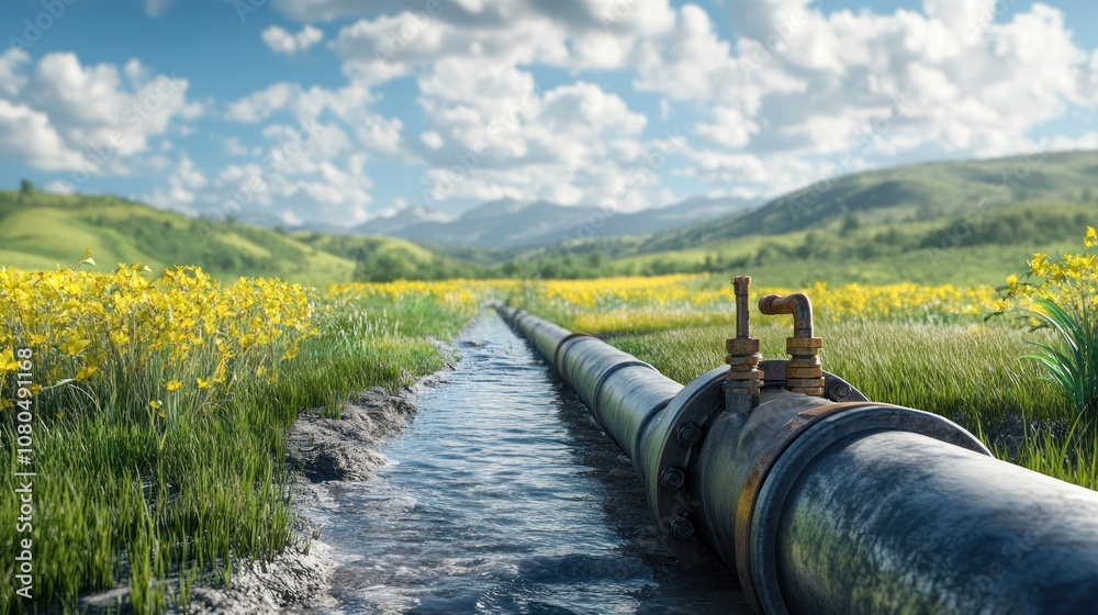 A pipeline running through a vibrant field of flowers, conveying water in a natural landscape. A pipeline running through a vibrant field of flowers, conveying water in a natural landscape.