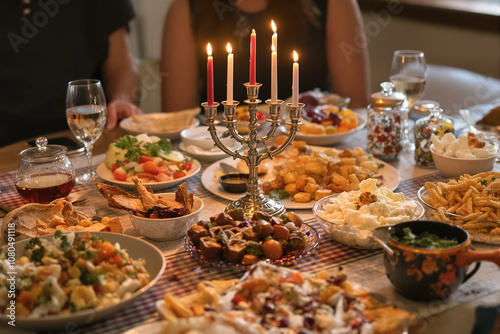 A lively dinner with an array of delicious foods and a glowing menorah creating a warm atmosphere among friends