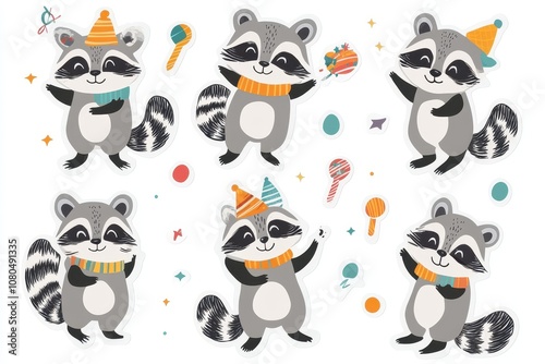 Playful raccoons celebrating a festive occasion with colorful party hats and cheerful decorations