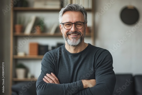 Smiling man with arms crossed. Ideal for showcasing confidence, success, and leadership.