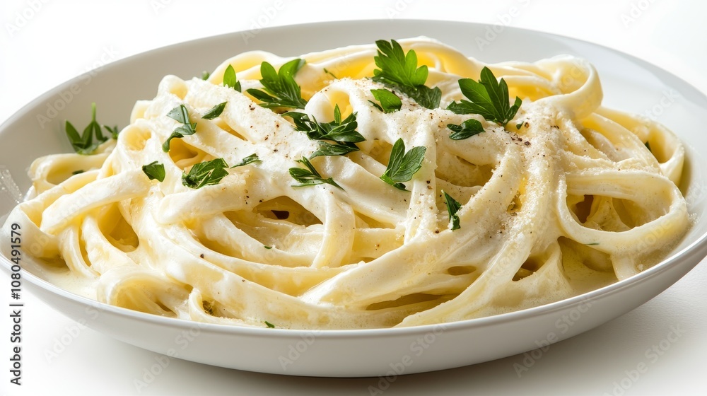 Creamy Alfredo fettuccine pasta topped with fresh herbs isolated