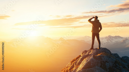 Vision for Success, silhouette of a man with binoculars on a mountain peak, bright sunlight sky, representing future planning and ambition.