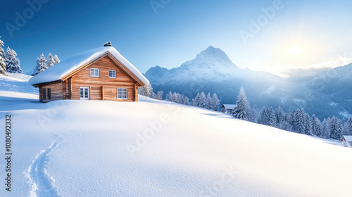 Tyrolean Winter Retreat, cozy ski chalet nestled in serene snow-covered mountains, inviting warmth amidst breathtaking alpine scenery