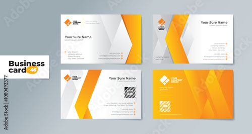Set of double sided business card templates with simple orange folded ribbons on orange and white background