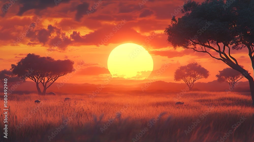 A vibrant sunset over a grassy landscape with silhouettes of trees and animals grazing. A vibrant sunset over a grassy landscape with silhouettes of trees and animals grazing.