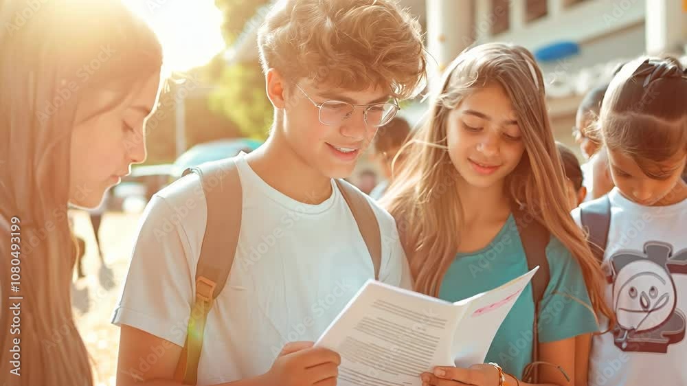 A group of students engage in a lively discussion about a how-to book outdoors, sharing insights and learning from each other in a vibrant setting filled with fellow peers.