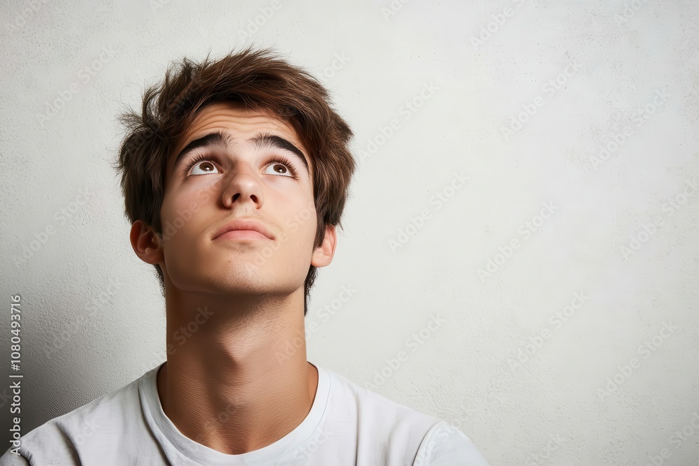 Obraz premium Young man looking up, thoughtful expression. Perfect for illustrating concepts like hope, inspiration, or contemplation.