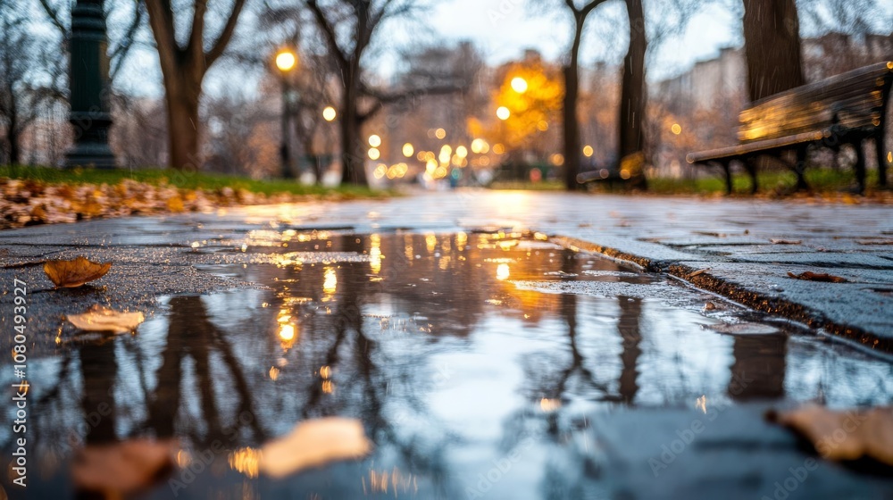 Backlit city park after rain, reflective puddles casting a soft glow, peaceful and quiet moment