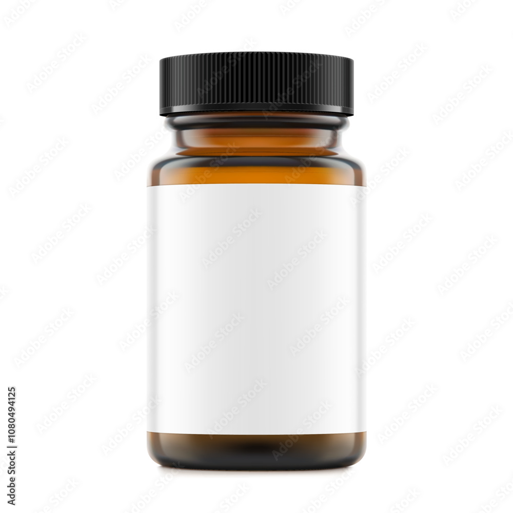 Brown glass wide mount bottle with screw cap and label mockup for treats, vitamins, supplements isolated on white background. Vector illustration. Ready for your design. EPS10. Brown glass wide mount bottle with screw cap and label mockup for treats, vitamins, supplements isolated on white background. Vector illustration. Ready for your design. EPS10.