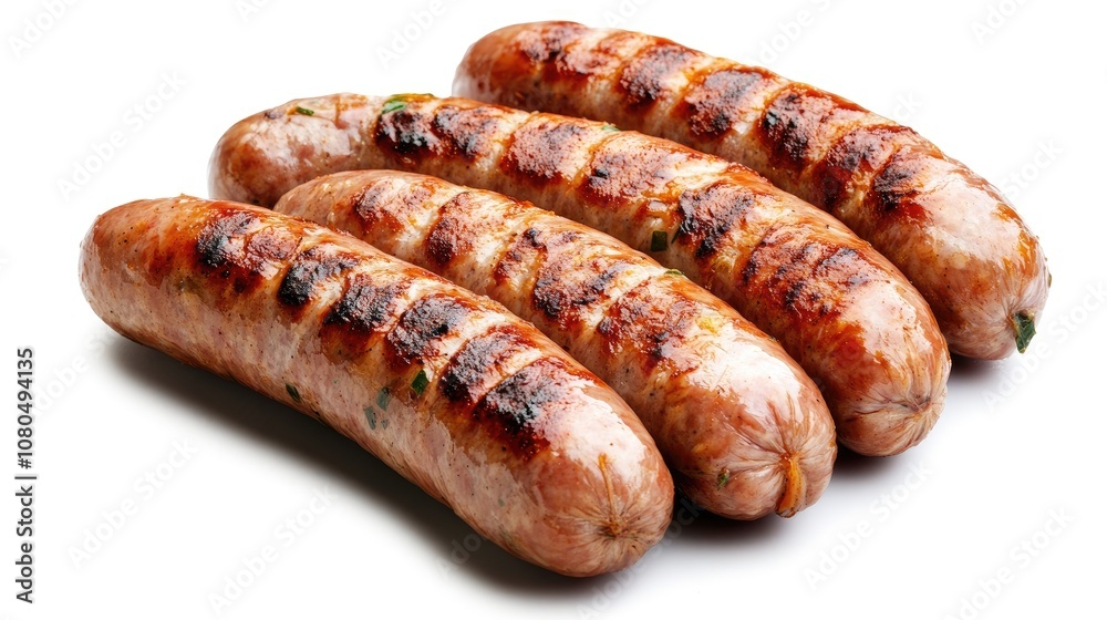 Grilled sausages displayed artfully on a clean white surface, highlighting their tempting textures and flavors. Grilled sausages displayed artfully on a clean white surface, highlighting their tempting textures and flavors.