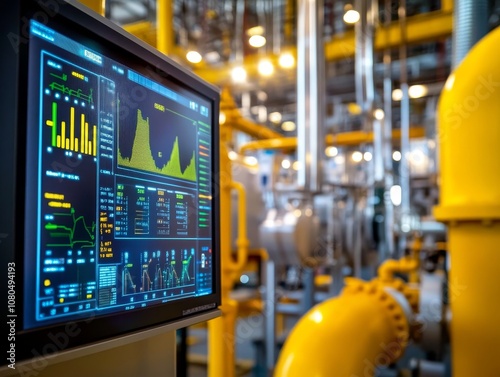 Close up of industrial control system monitor showcasing real time data amidst factory machinery