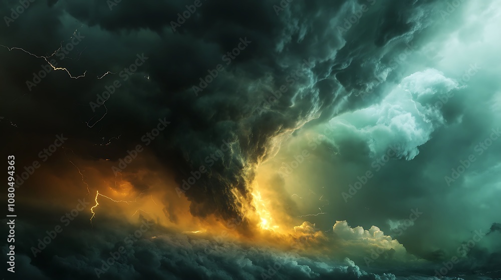 A dramatic sky filled with swirling clouds, lightning, and a fiery glow, depicting a powerful storm. A dramatic sky filled with swirling clouds, lightning, and a fiery glow, depicting a powerful storm.