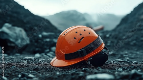 Orange safety helmet with goggles lying on rocky terrain at construction site or quarry, emphasizing safety and hard hat protection in industrial settings. photo