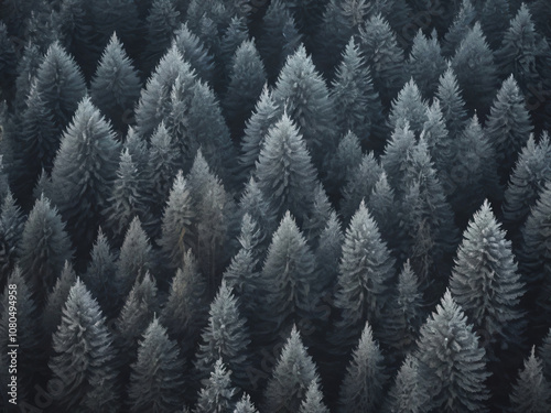 Snow-laden trees in a winter forest form a beautiful scene.