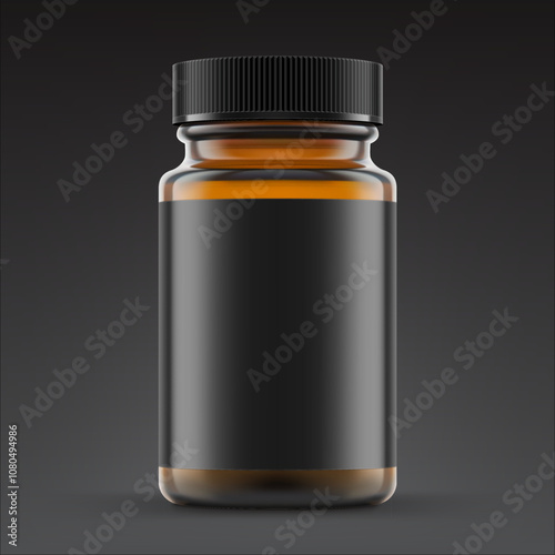 Brown glass wide mount bottle with screw cap and label mockup for treats, vitamins, supplements on black background. Vector illustration. Ready for your design. EPS10.