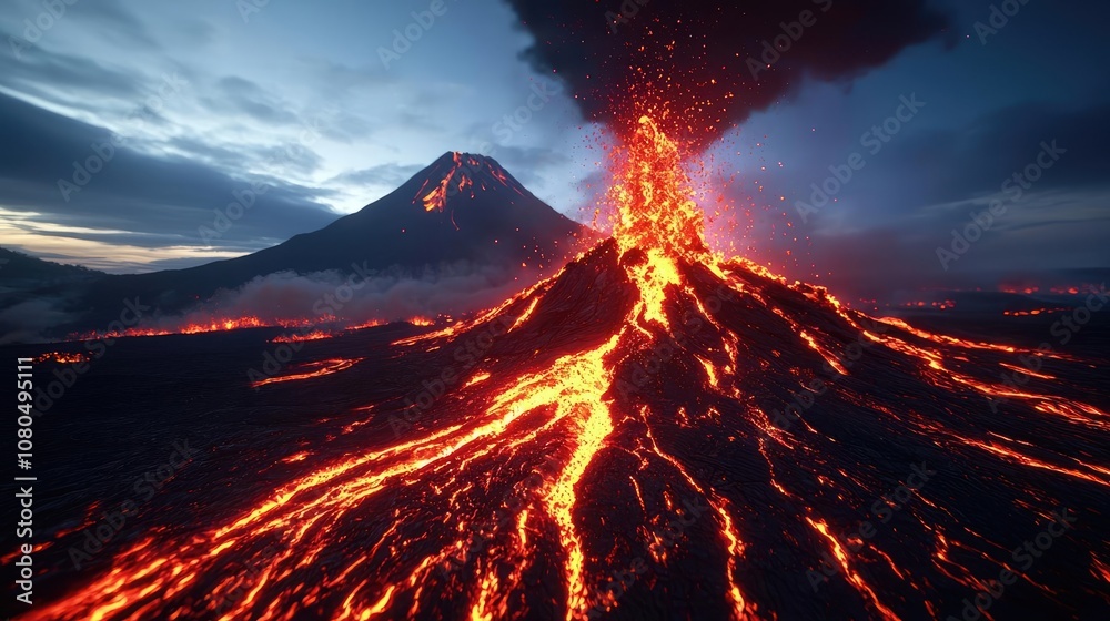 Fototapeta premium Active volcano erupting with lava flow and smoke against a dramatic sky.