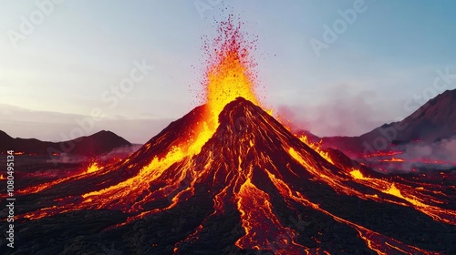 Active volcano erupting with lava against a scenic backdrop. photo