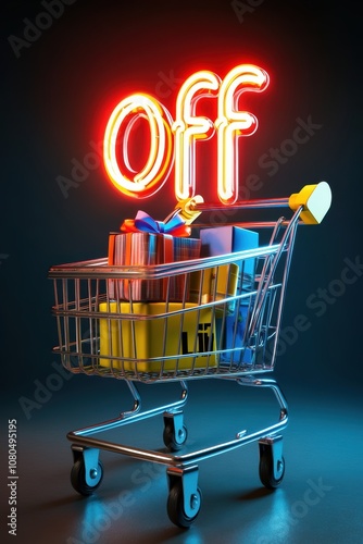 A vibrant shopping cart filled with colorful packages and a neon OFF sign glowing above, symbolizing discounts and sales, Ideal for advertising promotions or sales events, photo