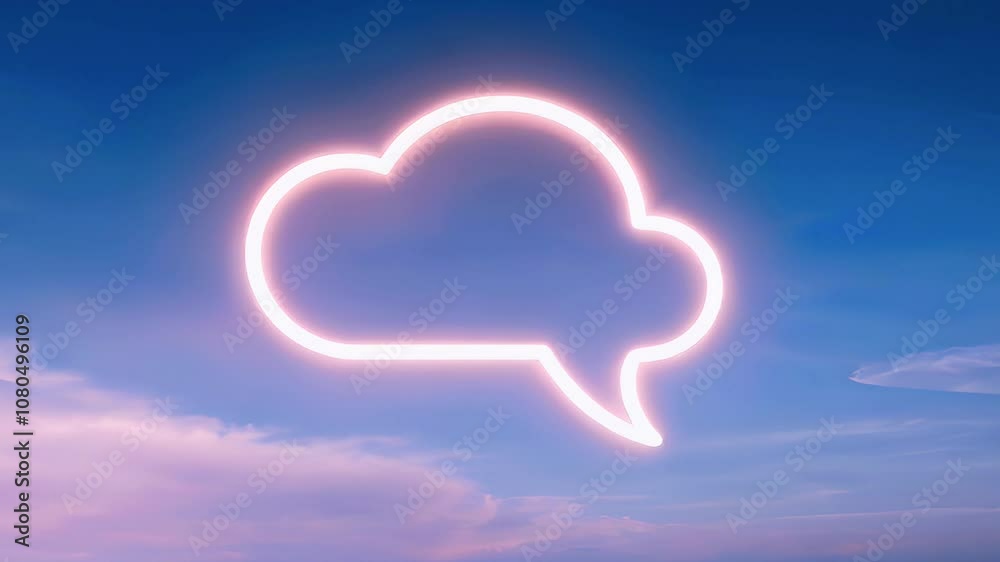 Glowing neon speech bubble in the shape of a cloud against a blue sky with wispy pink clouds.