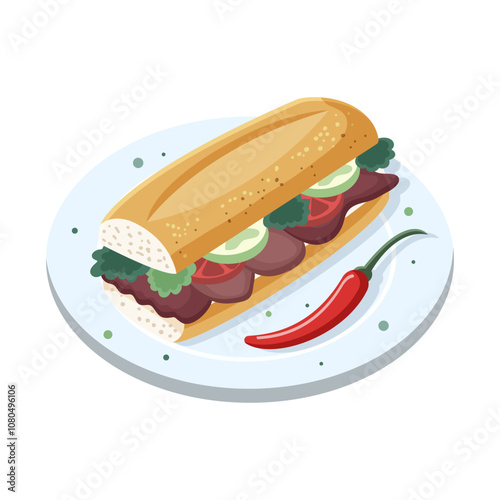 A sandwich with vegetables and meat on a plate, featuring a chili pepper. Vector illustration