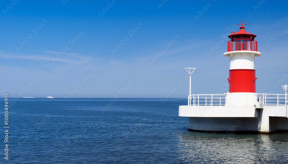 Red and White Lighthouse on Top of Pier and Copy Space Red and White Lighthouse on Top of Pier and Copy Space