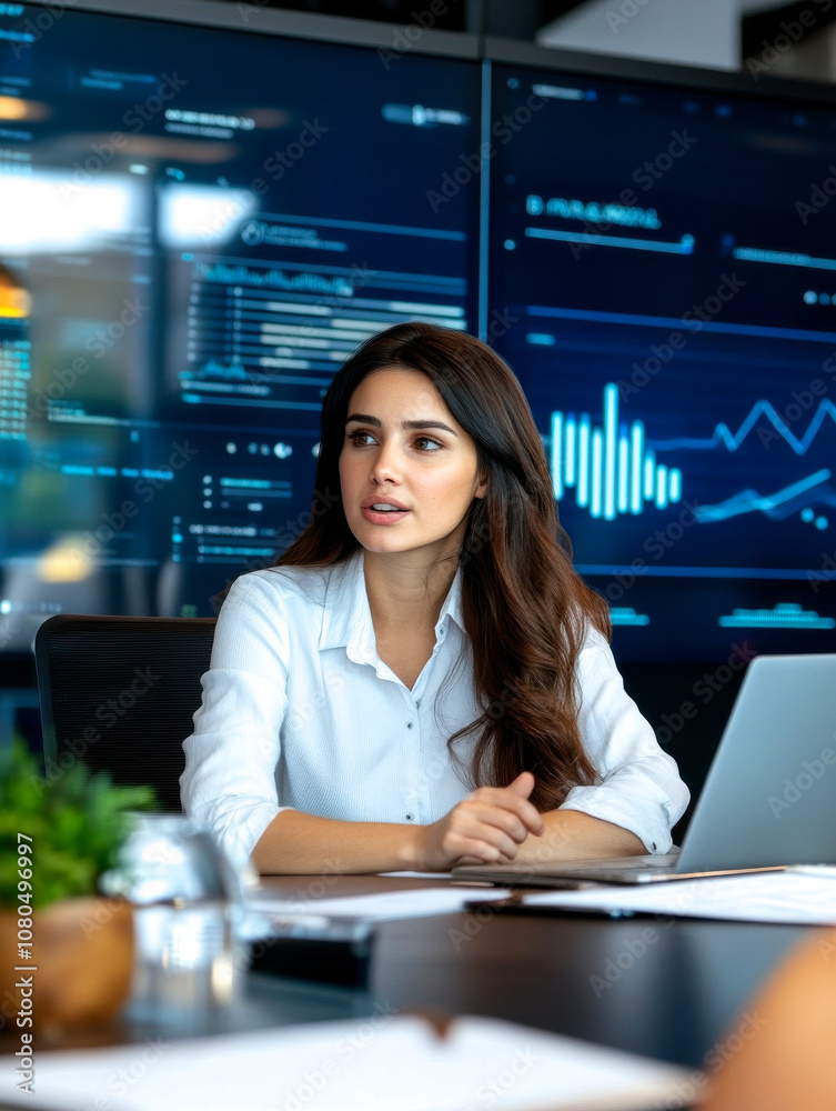 A professional woman engages in a discussion, surrounded by data visualizations, indicating a business or tech meeting environment. A professional woman engages in a discussion, surrounded by data visualizations, indicating a business or tech meeting environment.