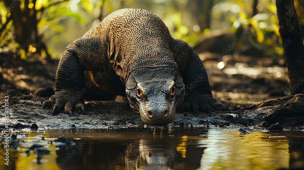 A Komodo dragon drinks from a puddle in a forest. A Komodo dragon drinks from a puddle in a forest.