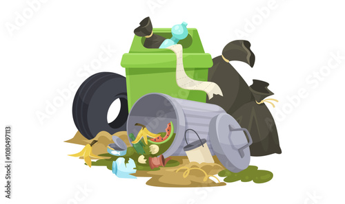 A pile of garbage including trash bins and bags on a white background. Vector illustration