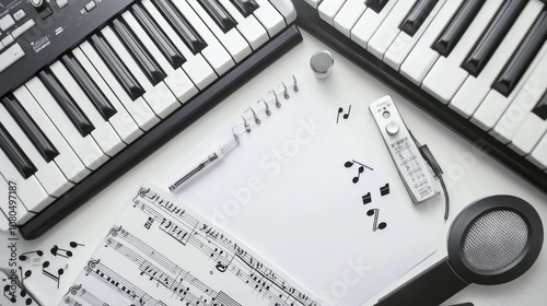 A flat lay of musical instruments and sheet music for composition and creativity.