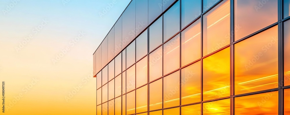 Modern office building backlit by golden hour, reflective windows casting warm light, sleek and urban Modern office building backlit by golden hour, reflective windows casting warm light, sleek and urban