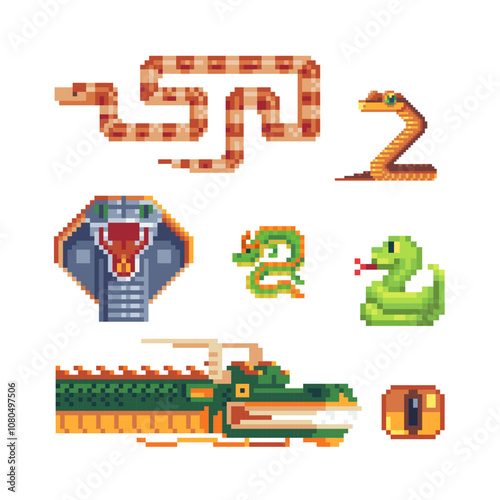 Snake character pixel art icon set isolated vector illustration. Element design for stickers, logo, embroidery, mobile app.
