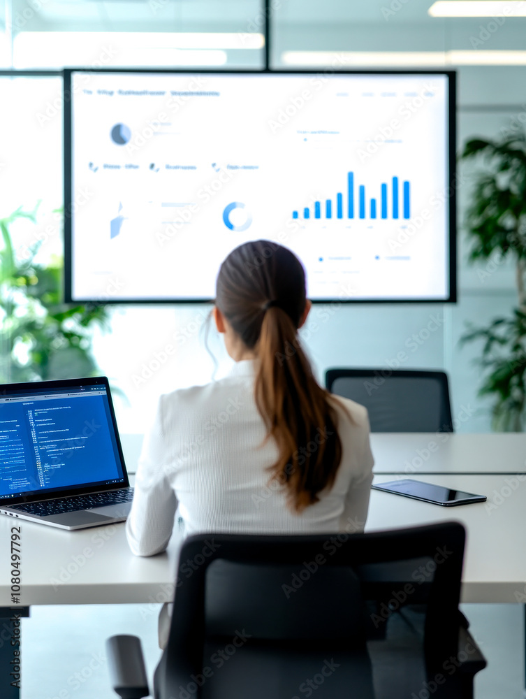 A professional woman focuses on data analysis in a modern office, observing charts and graphs displayed on a large screen. A professional woman focuses on data analysis in a modern office, observing charts and graphs displayed on a large screen.