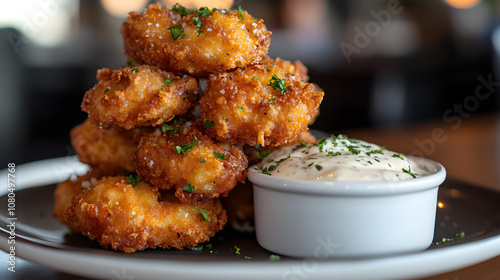 Irresistible Close-Up of Stackable Fried Pickles with Zesty Ranch Dip and Garnished with Fresh Parsley photo