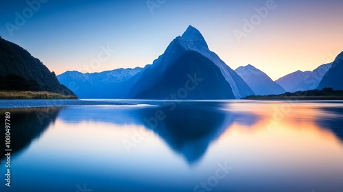 Mountain range at dawn, backlit peaks reflecting soft light on a calm river, serene and majestic