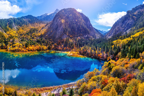 Aerial shots of Jiuzhaigou in autumn, Sichuan in China. photo