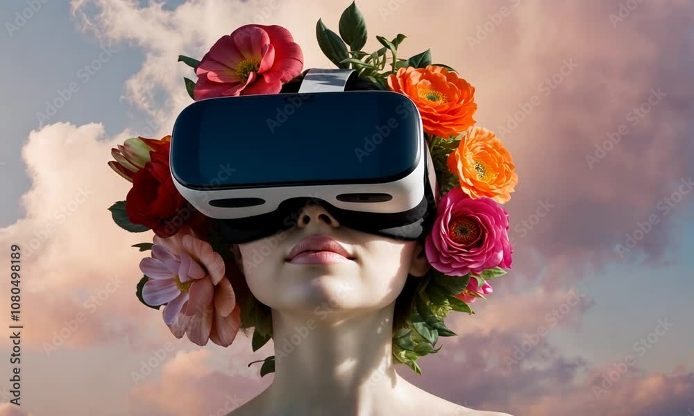 Exploring virtual reality with a floral crown in a serene sky setting during sunset