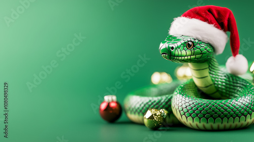 A green snake adorns a jolly Santa hat with colorful ornaments nearby, celebrating the holiday spirit cheerfully